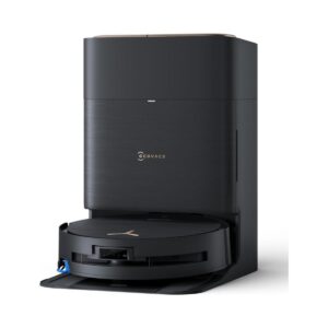 Черен робот прахосмукачка Ecovacs Deebot X9 PRO OMNI до интелигентната си докинг станция.