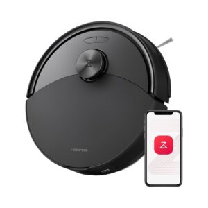 Черна прахосмукачка робот Roborock Q10 S5 на компактна зарядна станция."